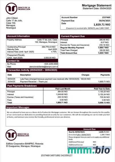 Nikaragua Banco de la Producción wyciąg z kredytu hipotecznego szablon Word i PDF